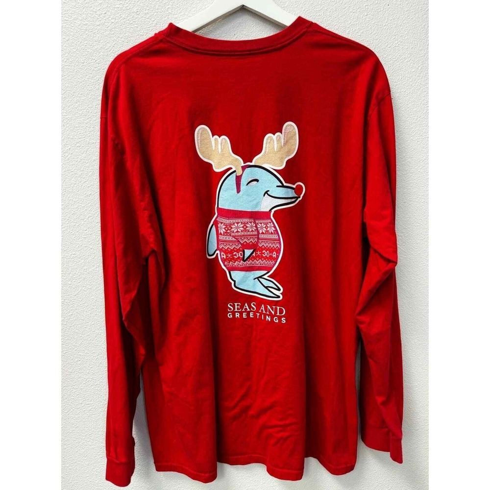 Thirty-A Threads 30A Long Sleeve Red Christmas Dolphin Pocket Tee Seas Greetings